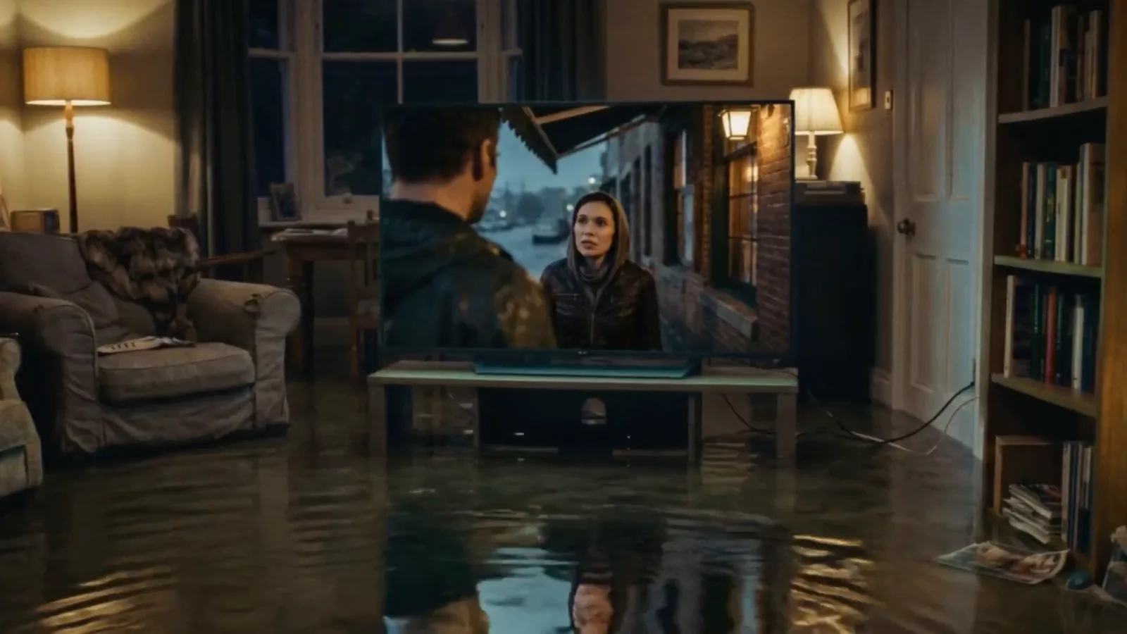 TV standing in floodwater. Amazon Prime.