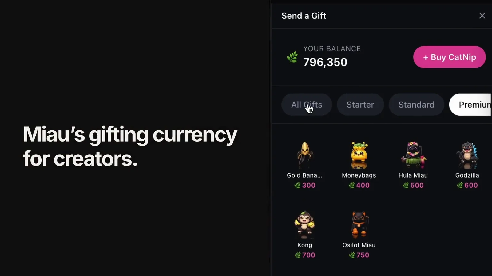 The Send a Gift menu. MIAU Creator Platform.