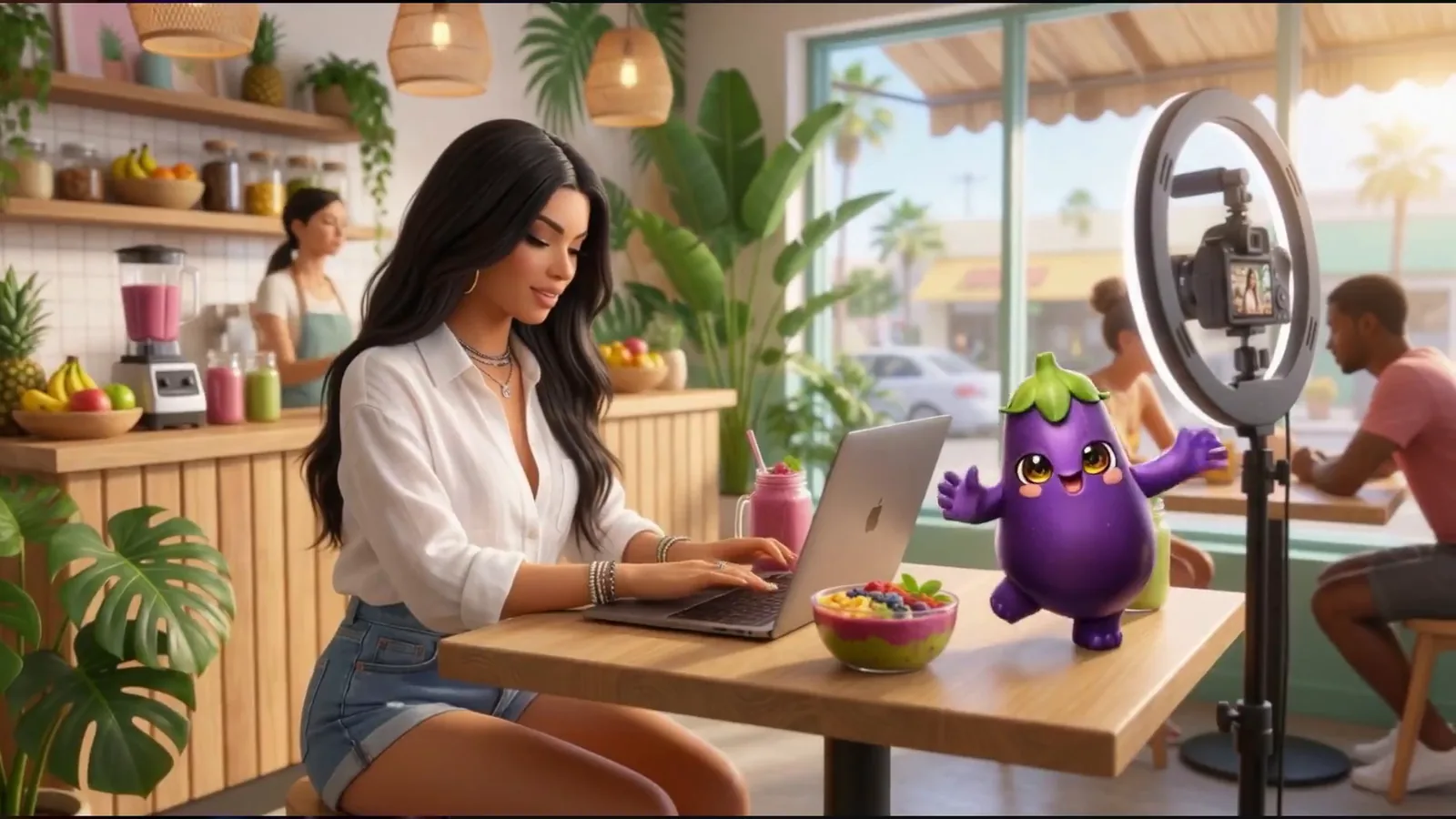 Eggplant dances at the café. MIAU Creator Platform.
