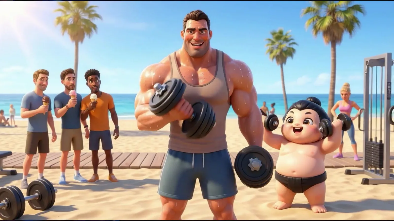 Beach gym and baby sumo. MIAU Creator Platform.