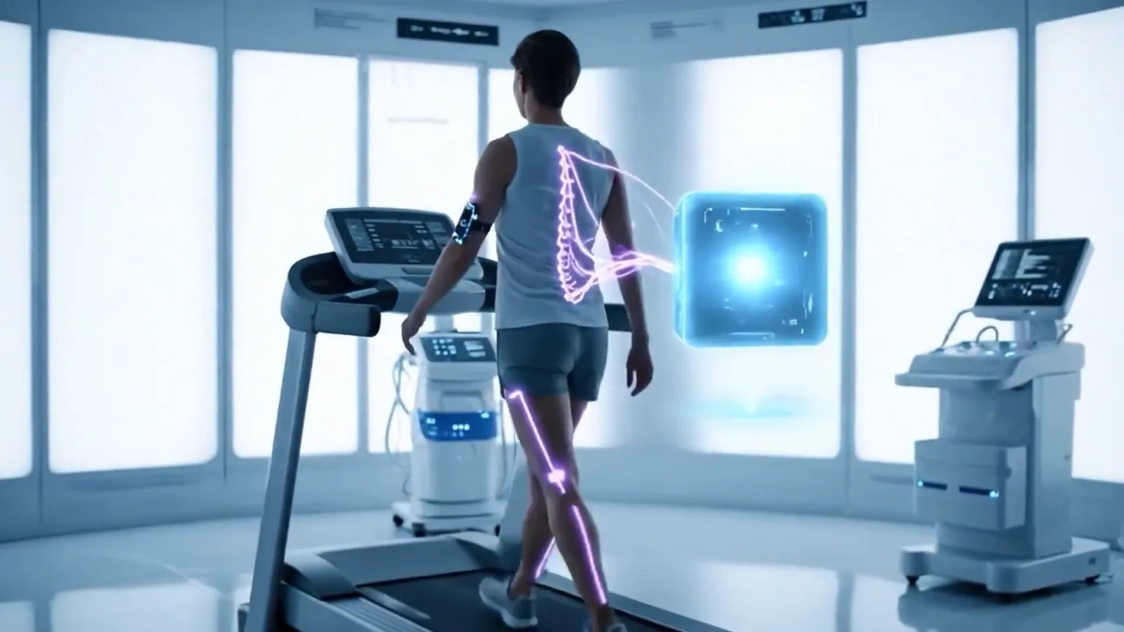 Treadmill patient, glowing joints. MotionDev.