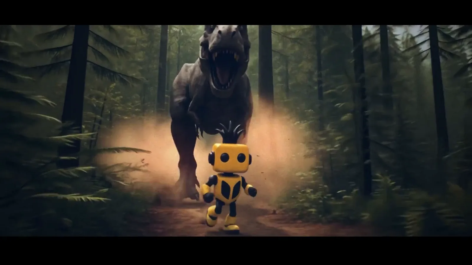 Robot chased by a T-rex. Pineapple x Binance.